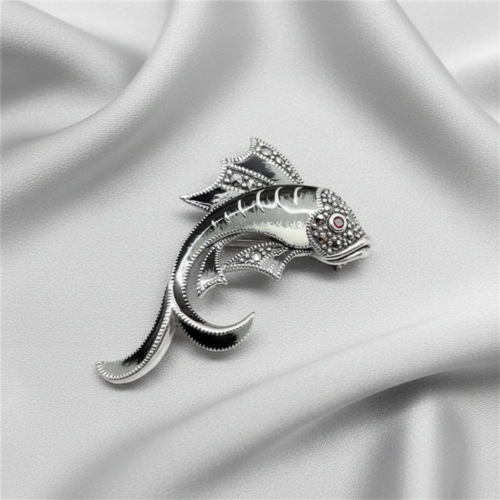 LOONA Sterling Silver Marcasite Fish Brooch
