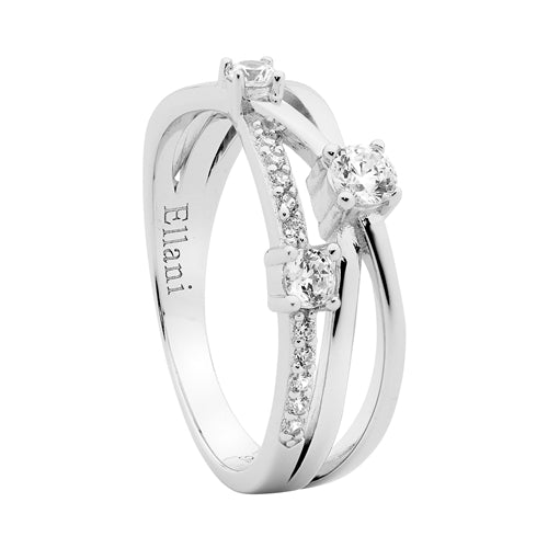 Ellani Sterling Silver CZ Cross Over Ring - Size 8