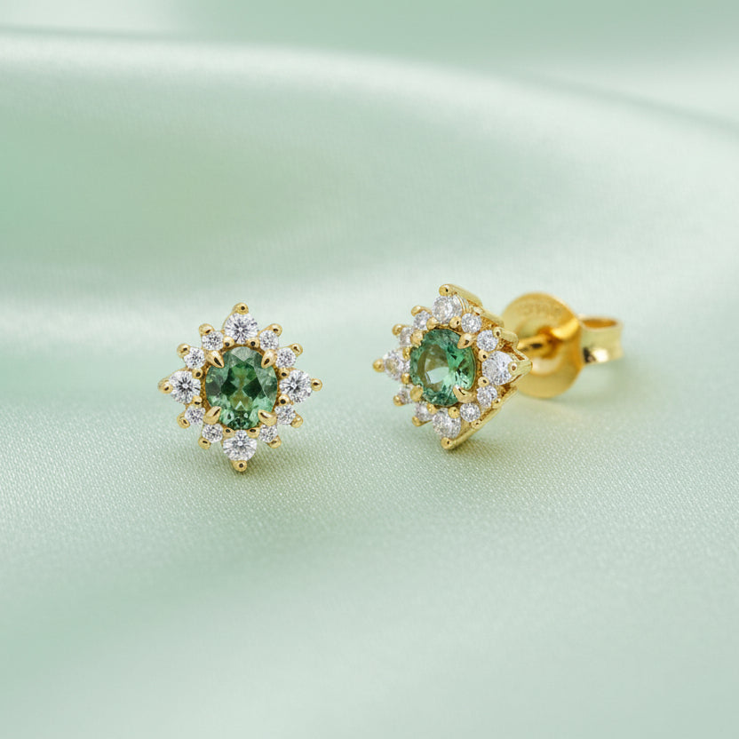 9ct Gold Mint Tourmaline & Diamond Stud Earrings