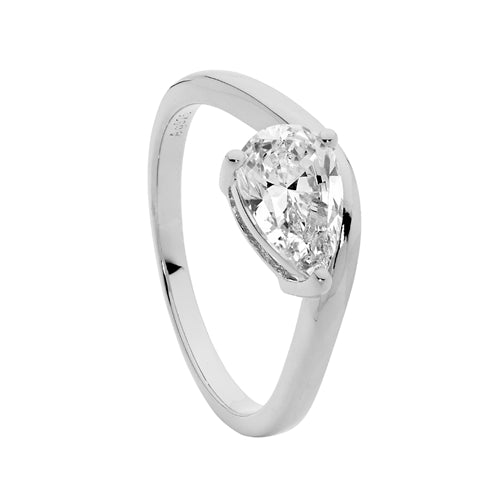 Ellani Sterling Silver Pear CZ Wave Ring - Size 7