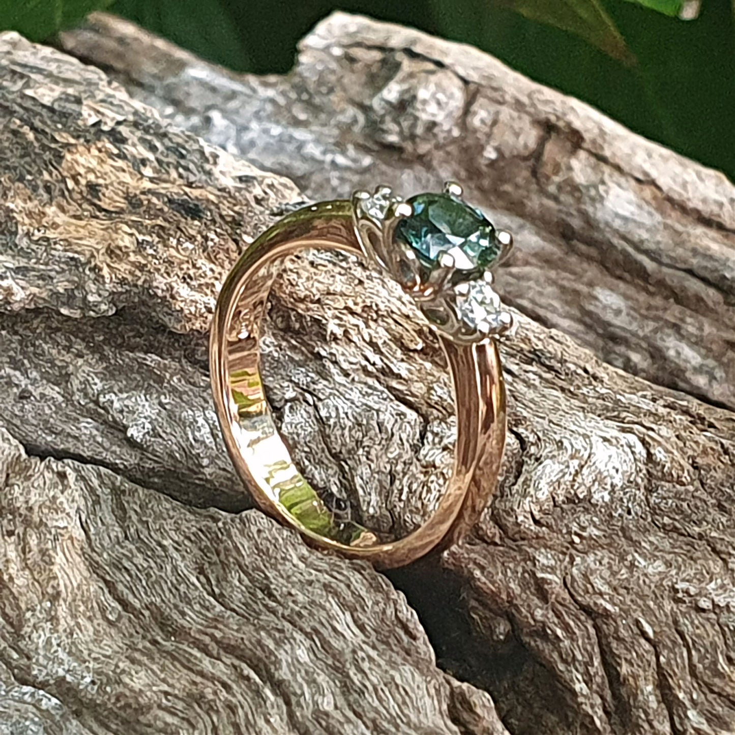 .81ct Green Qld Sapphire & Diamond Trilogy in 18ct Rose & White Gold - Size M.5