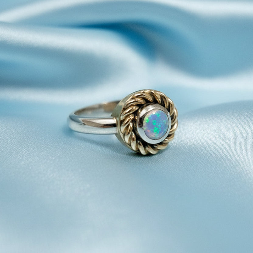 Crystal Opal Sterling Silver Ring with 9ct Yellow Gold Twist surround