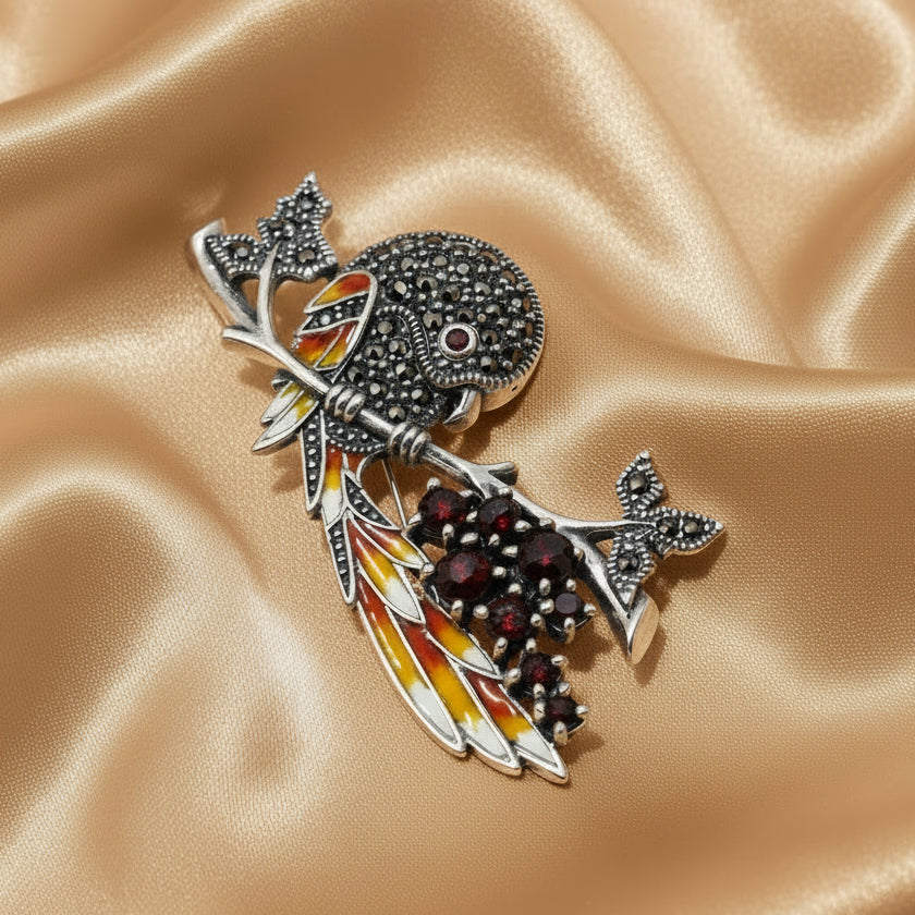 Sterling Silver Marcasite & Garnet Bird Brooch