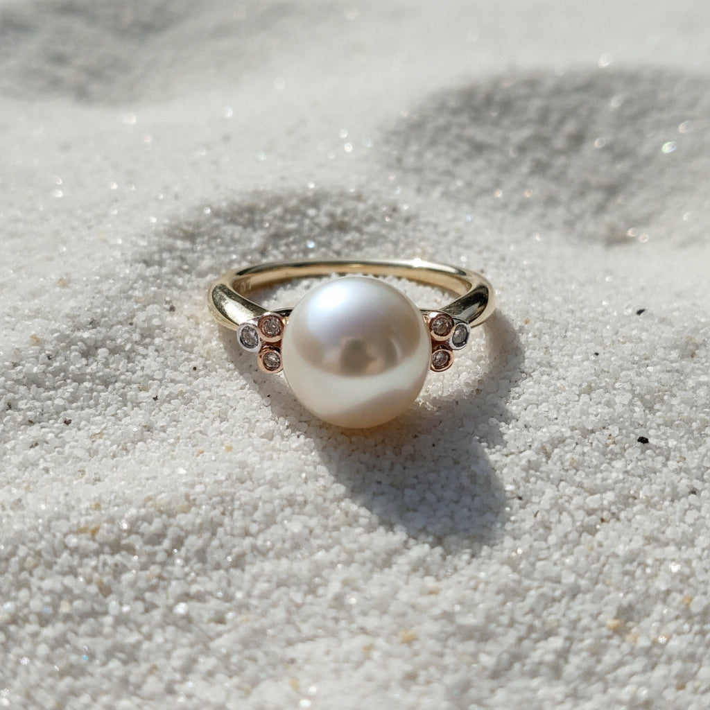 9ct Gold South Sea Pearl & Argyle Pink Diamonds Ring - Size O