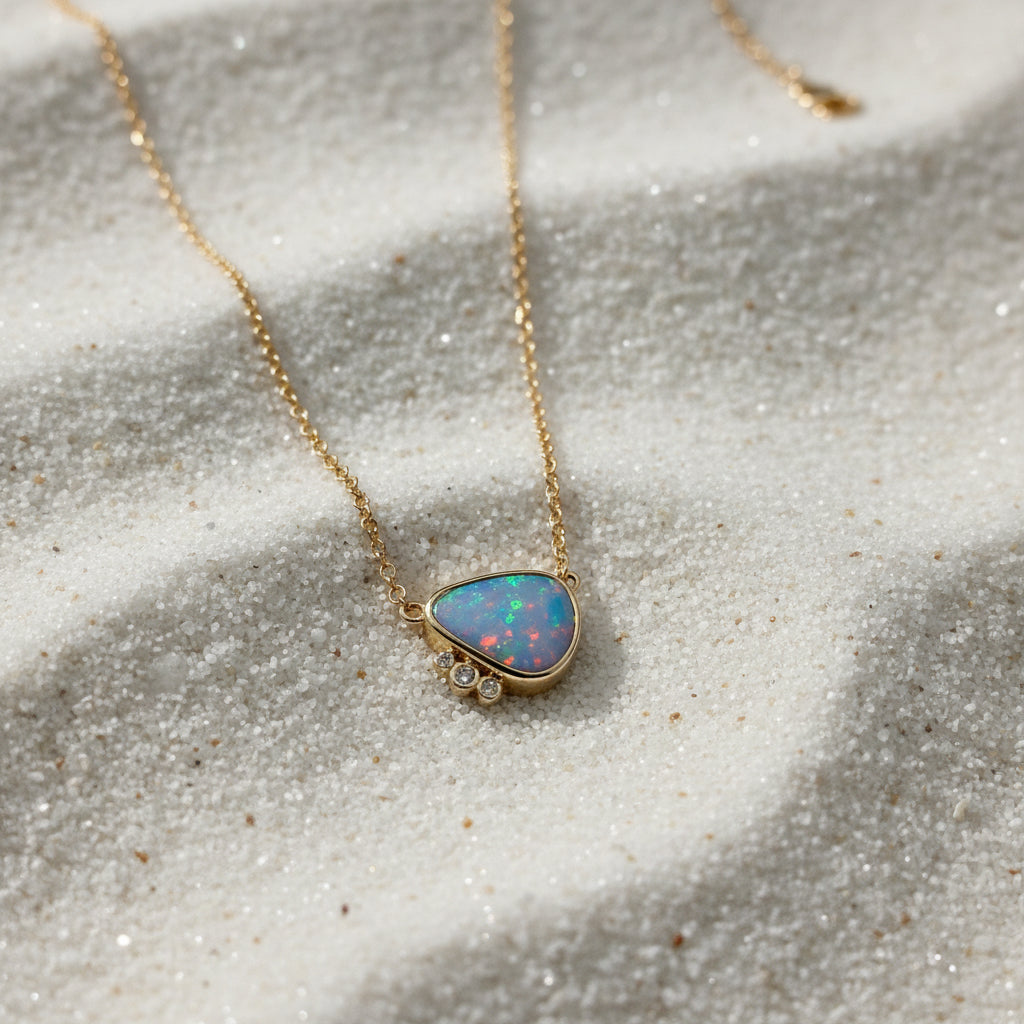 9ct Gold Necklace with Fitted Free Form Boulder Opal and Diamonds Pendant