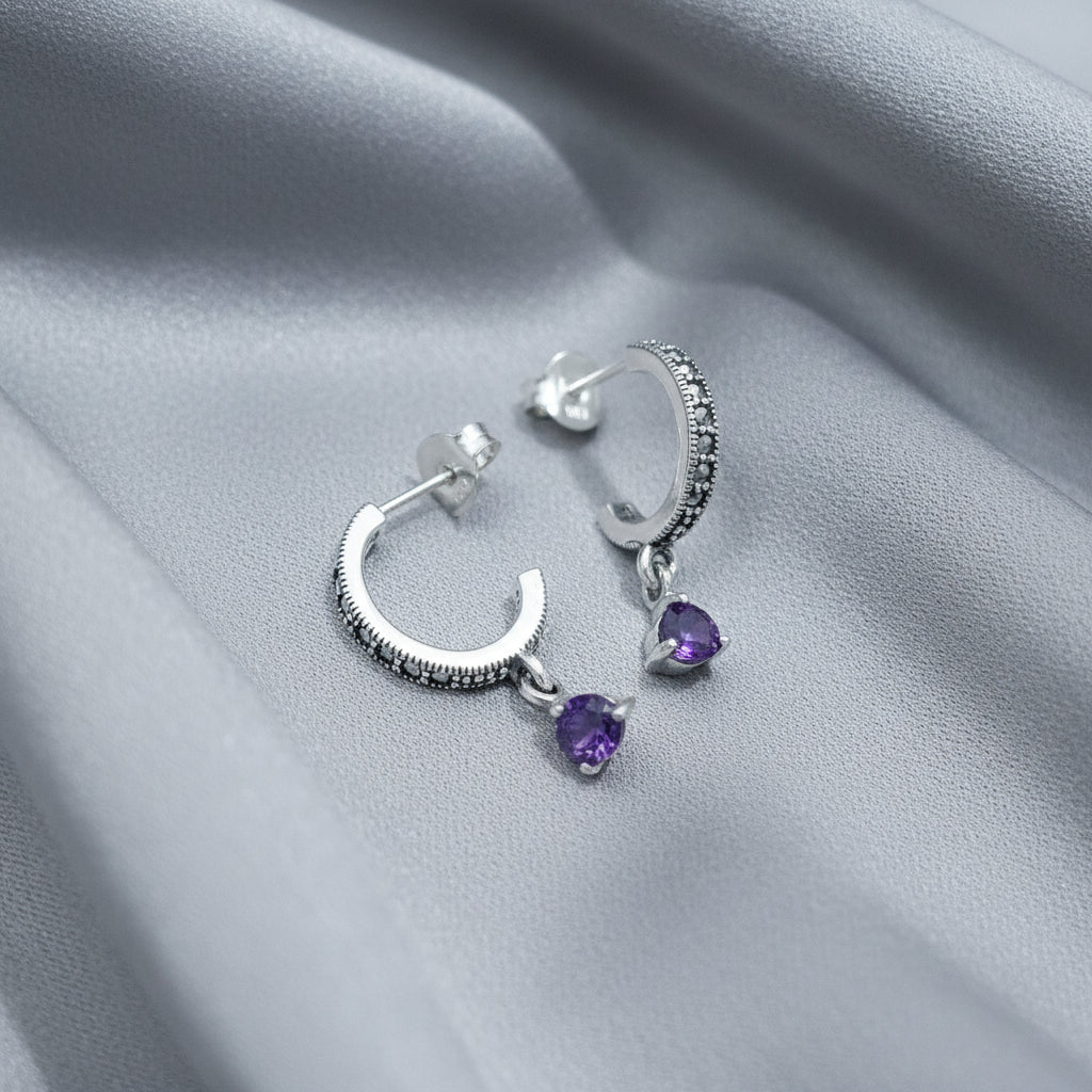 Sterling Silver Marcasite Half Hoop Stud Earrings with Amethyst Drop