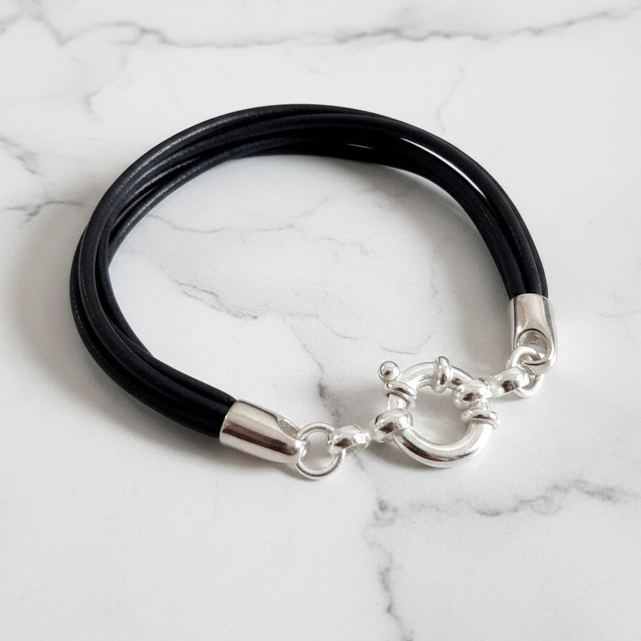 Black 5 Strand Leather Bracelet with Large Silver Bolt Ring Fitting