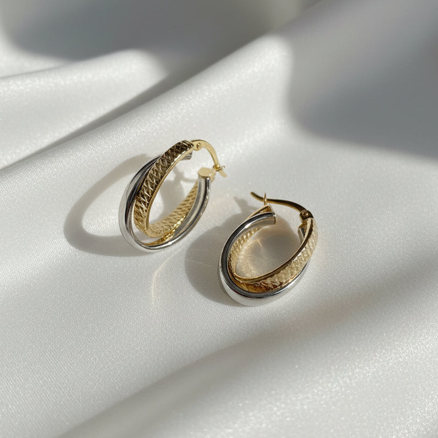 Silver Filled 2 Tone Crossover Oval Patterned Hoop Earrings
