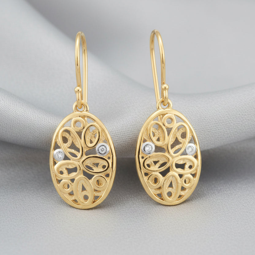 9ct Gold & Diamond Fancy Oval Drop Earrings