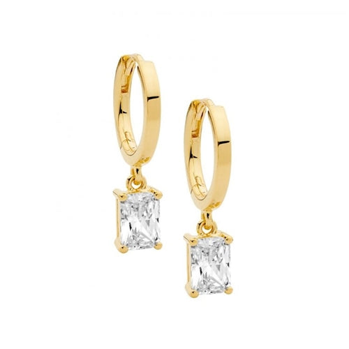 Ellani Sterling Silver Huggie Earrings with Radiant CZ Drop - Gold