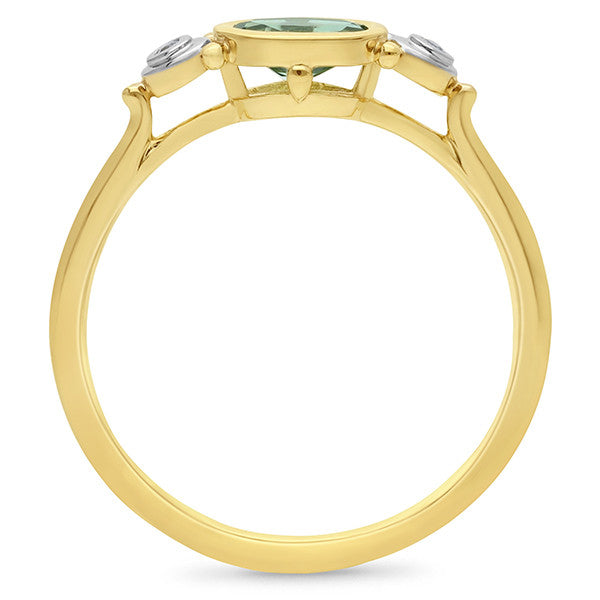 9ct Gold Mint Tourmaline & Diamond Ring - Size O