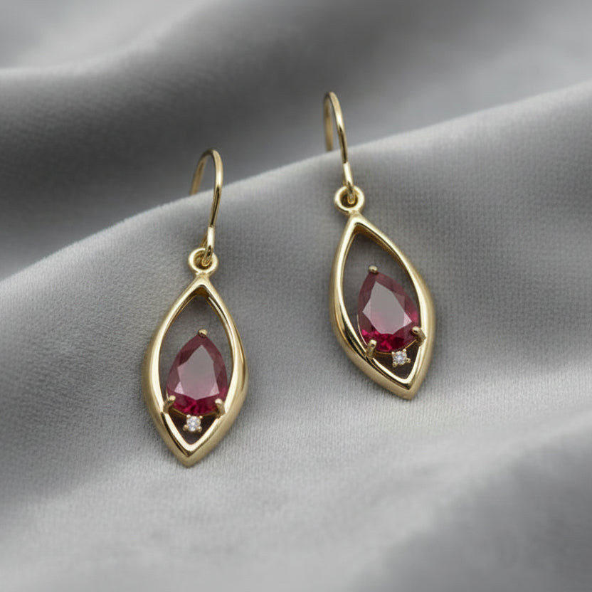 9ct Gold Ruby & Diamond Drop Earrings
