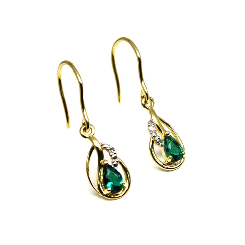 9ct Gold Created Emerald & Diamond Drop Earrings