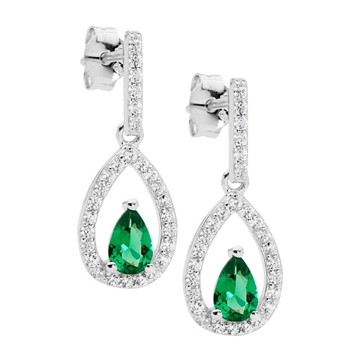Ellani Sterling Silver CZ Drop Earrings with Green Pear CZ