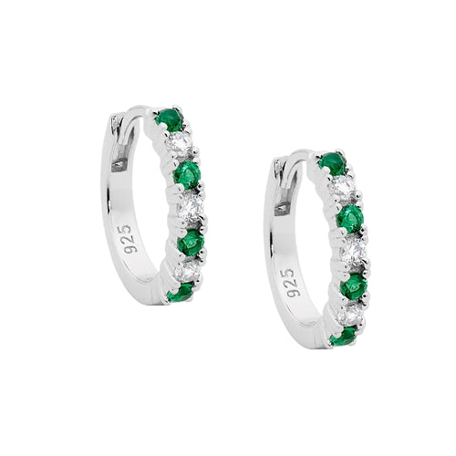 Ellani Sterling Silver White & Green CZ Huggie Earrings (14mm)