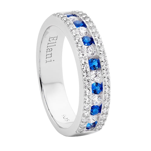 Ellani Sterling Silver Ring Dark Blue & White CZ Ring - Size 7