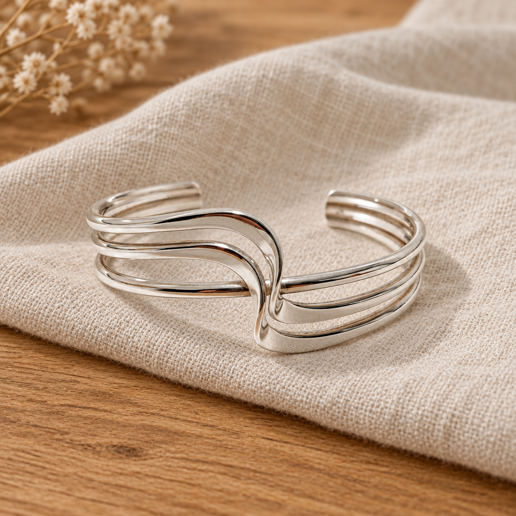 Sterling Silver Double Wave Crossover Cuff Bangle