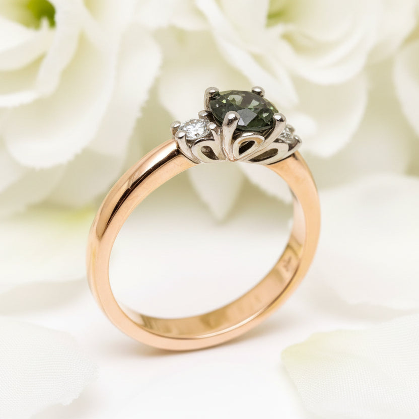 Russ Studios .81ct Green Qld Sapphire & Diamond Trilogy Ring in 18ct Rose & White Gold - Size M.5