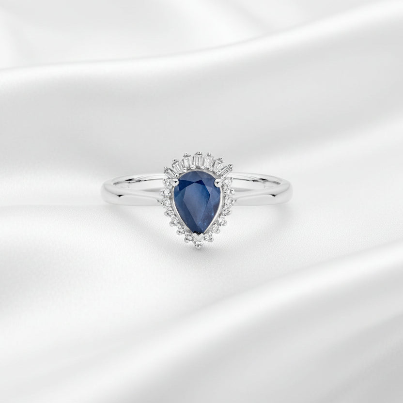 9ct White Gold Sapphire & 0.08ct Diamond Ring - Size P.5