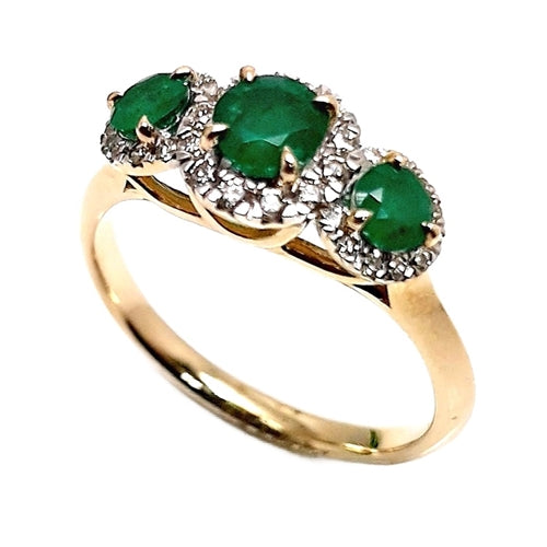 9ct Gold Trilogy Emerald & Diamond Ring - Size O