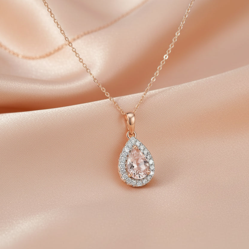 9ct Rose Gold Morganite & Diamond Pear Shaped Pendant