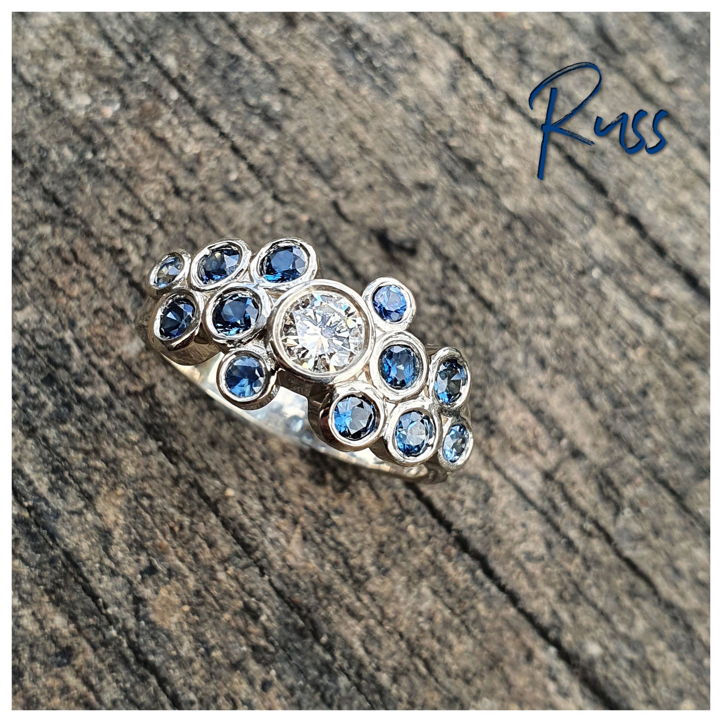 9ct White Gold Diamond & Aust. Parti Sapphire Scatter Ring - Size L.5