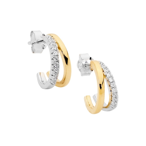 Ellani Sterling Silver CZ Split Half Hoop Stud Earrings - GP