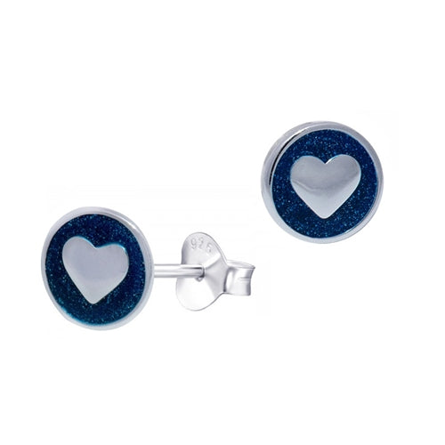 Sterling Silver Blue Enamel Disc Stud Earrings with Heart