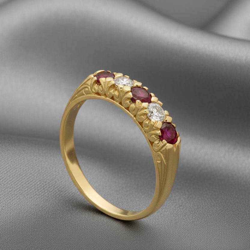 9ct Gold Ruby & Diamond Ring (5 Stones) - Size M