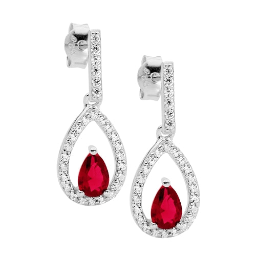 Ellani Sterling Silver CZ Drop Earrings with Red Pear CZ