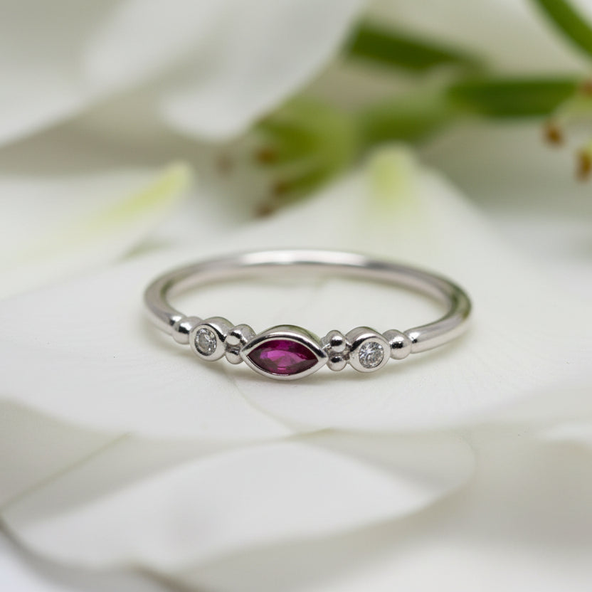 9ct White Gold Marquise Ruby & Diamond Ring - Size O