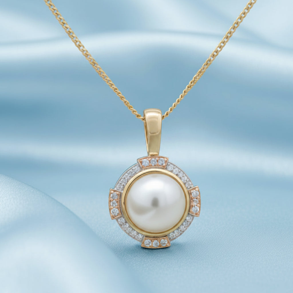 Pink Caviar 9ct Y/R Mabe Pearl & Diamond Pendant with Enhancer Clasp