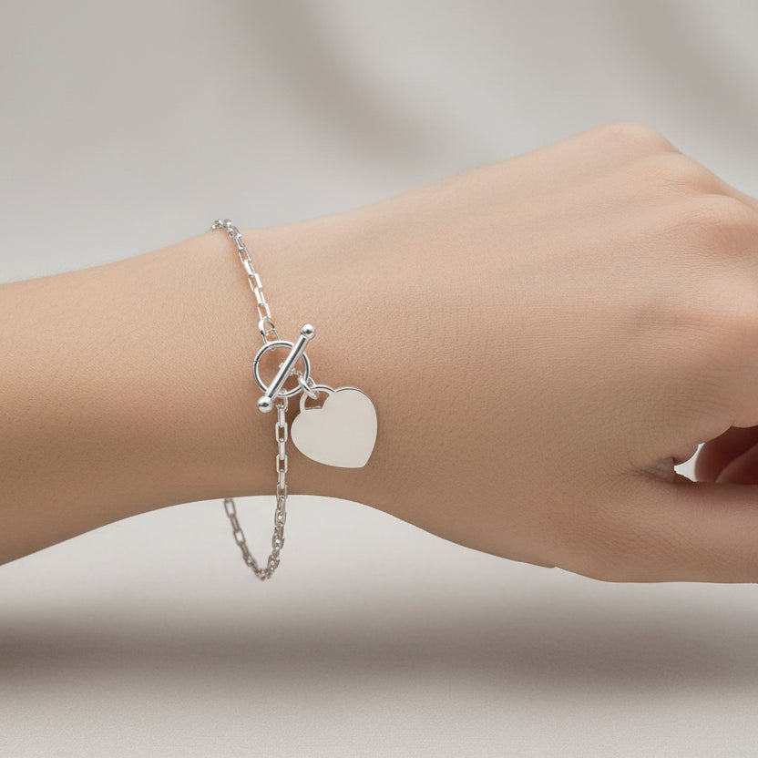 Sterling Silver Cable Bracelet with T-Bar Fitting & Heart Charm