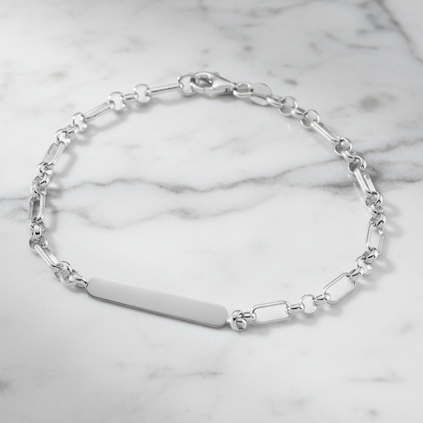 Sterling Silver Mixed Link Bracelet with Rounded Edge ID Plate