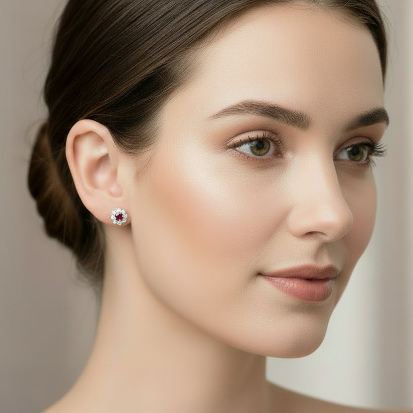 9ct Gold & Diamond Daisy Cluster Stud Earrings with Ruby Centre