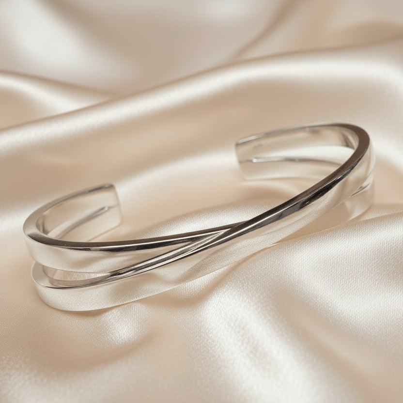 Sterling Silver Double Flat Crossover Cuff Bangle