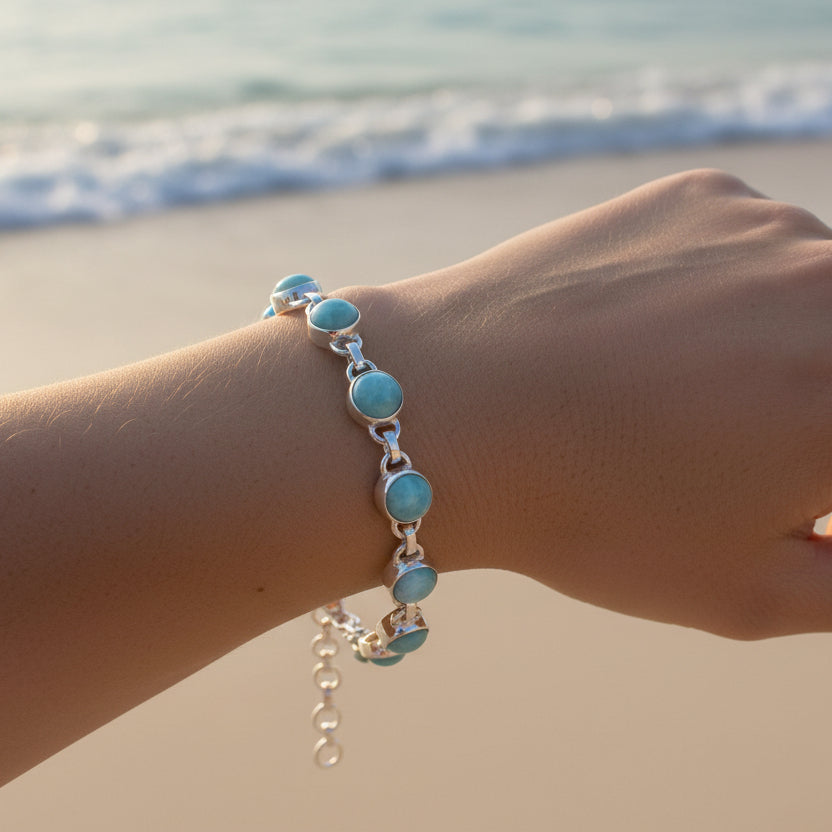 Sterling Silver Round Larimar Gemstone Bracelet