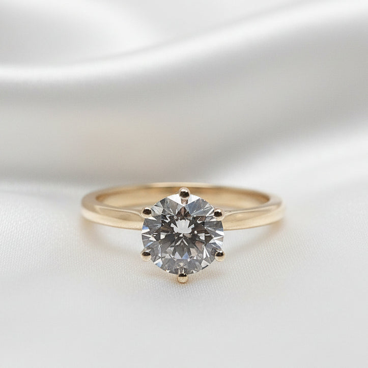 Russ Studios Round Cut Lab Grown Diamond in 9ct Yellow Gold 6 Claw Solitaire - Size M