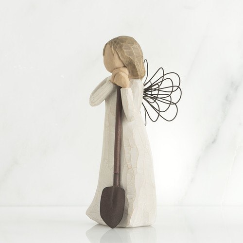 Willow Tree 'Angel of the Garden' Figurine depicts an angel figure holding a shovel as if leaving on it. Figurine Height Approx: 13cm.
