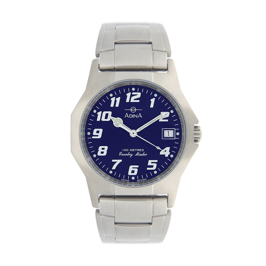 Adina "Country Master" work watch with a blue dial and white full numbers. Featuring date function at 3 o'clock, and a stainless steel case and strong bracelet band.