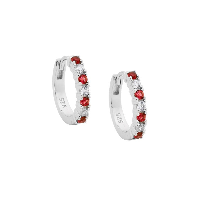 Ellani Sterling Silver White & Red CZ Huggie Earrings (14mm)