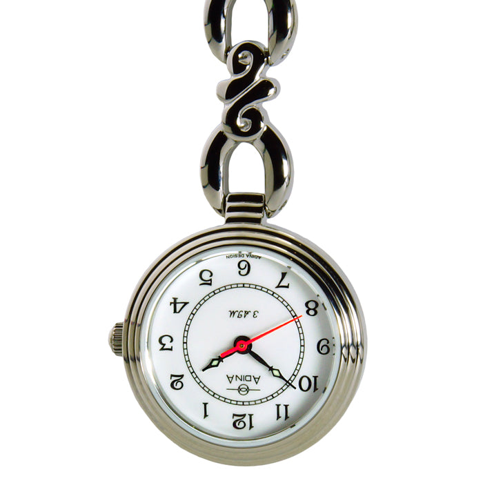 Silver fob watch with white dial and black numbers.