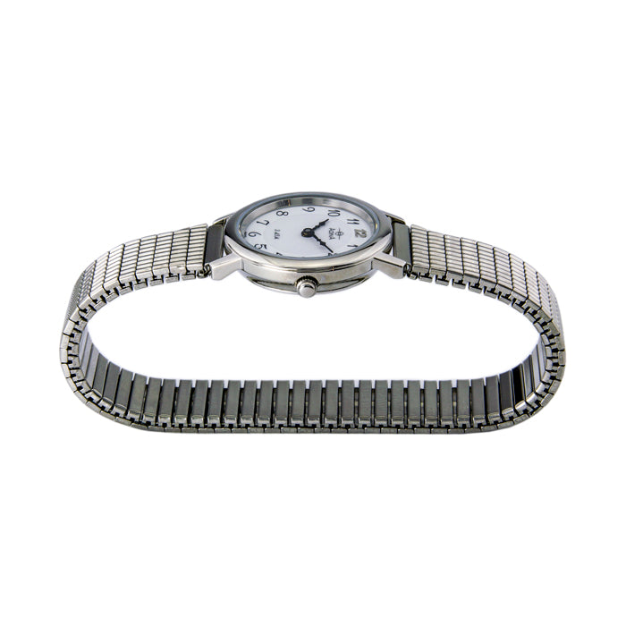 Adina brand silver everyday classic ladies watch with a white dial and black full numbers, and a stainless steel flex band.