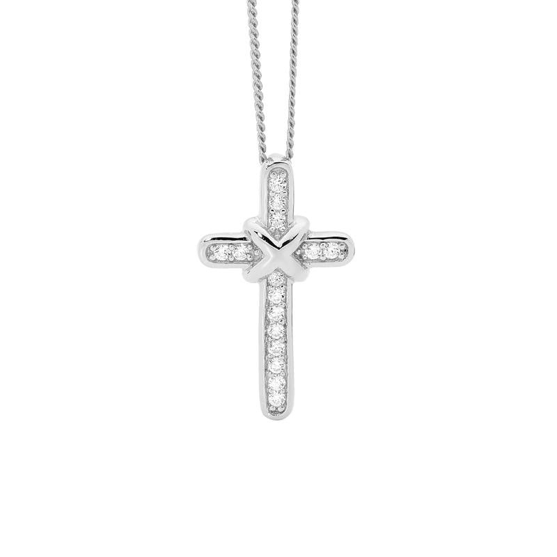 Ellani sterling silver cross pendant with cross over feature, set with cubic zirconia. 45cm chain included.