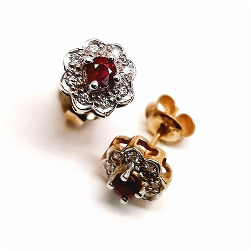 9ct Gold & Diamond Daisy Cluster Stud Earrings with Ruby Centre
