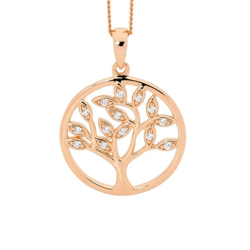 Ellani Sterling Silver & White CZ Tree of Life Necklace - Rose Gold