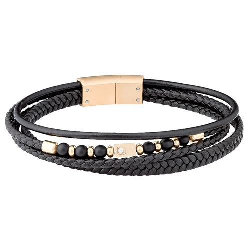 Multi Strand GP Stainless Steel & Black Leather Bracelet