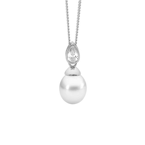 Ellani Sterling Silver Necklace with FWP & Pear CZ Pendant