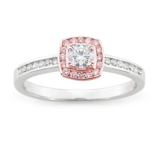 18ct W/R Gold Diamond/Pink Diamond Halo Ring - Size N.5