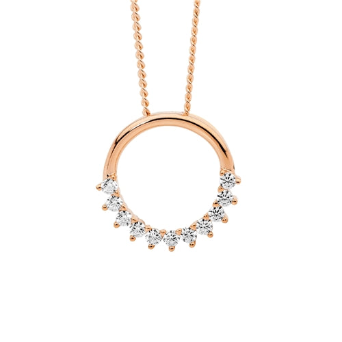 Ellani Sterling Silver 12mm Open Circle 1/2 CZ Set Necklace - Rose Gold